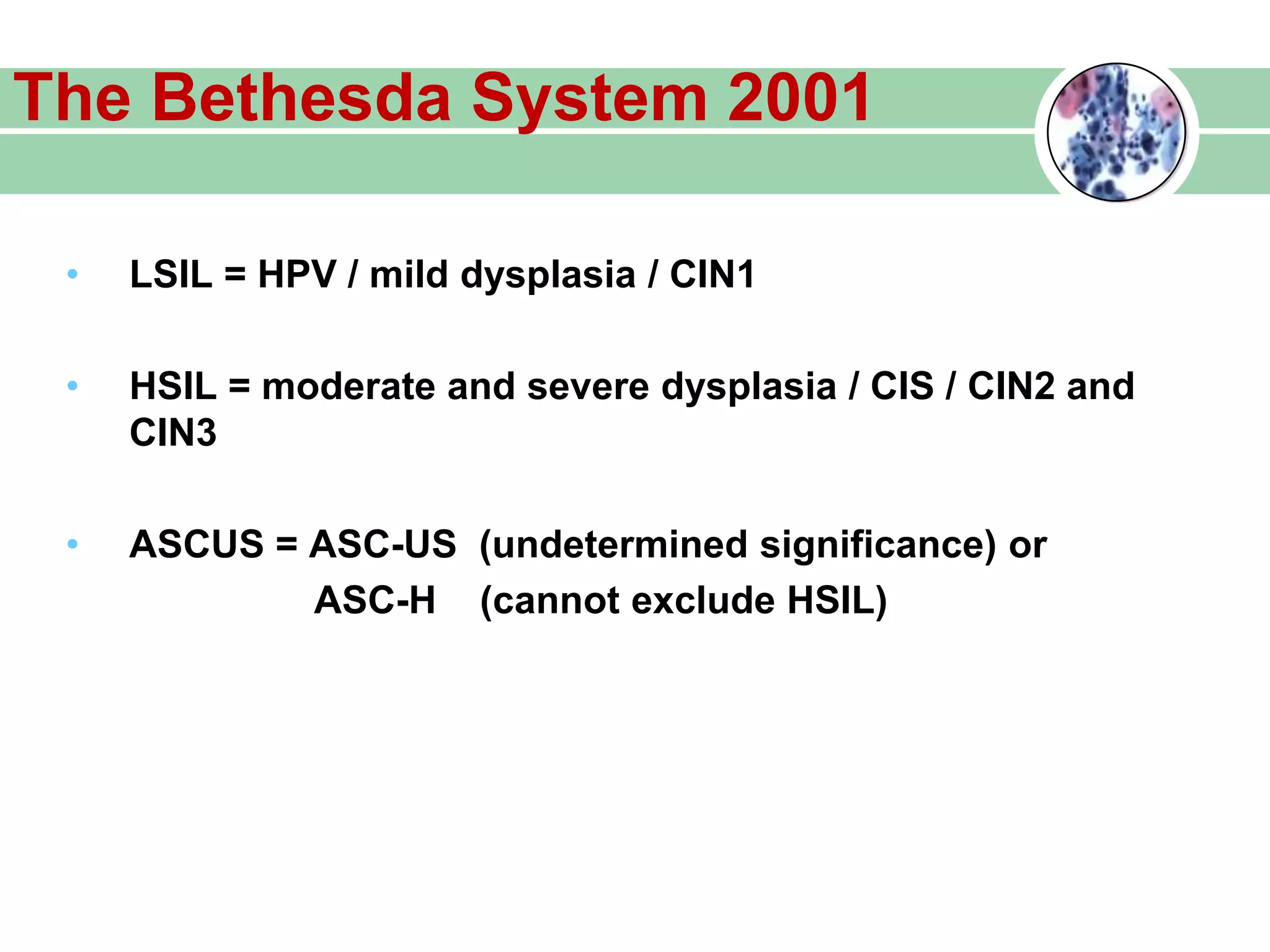 The Bethesda System 2001
• LSIL = HPV / mild dysplasia / CIN1
• HSIL = moderate and severe dysplasia / CIS / CIN2 and
CIN3
• ASCUS = ASC-US (undetermined significance) or
ASC-H (cannot exclude HSIL)
 
