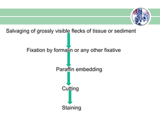 Salvaging of grossly visible flecks of tissue or sediment
Fixation by formalin or any other fixative
Paraffin embedding
Cutting
Staining
 