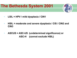 The Bethesda System 2001
• LSIL = HPV / mild dysplasia / CIN1
• HSIL = moderate and severe dysplasia / CIS / CIN2 and
CIN3
• ASCUS = ASC-US (undetermined significance) or
ASC-H (cannot exclude HSIL)
 