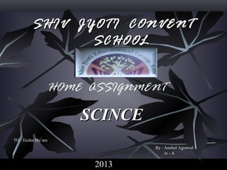 SHIV JYOTI CONVENTSHIV JYOTI CONVENT
SCHOOLSCHOOL
HOME ASSIGNMENT
SCINCESCINCE
TO : Eesha Ma’am
By : Anshul Agrawal
ix - A
2013
 