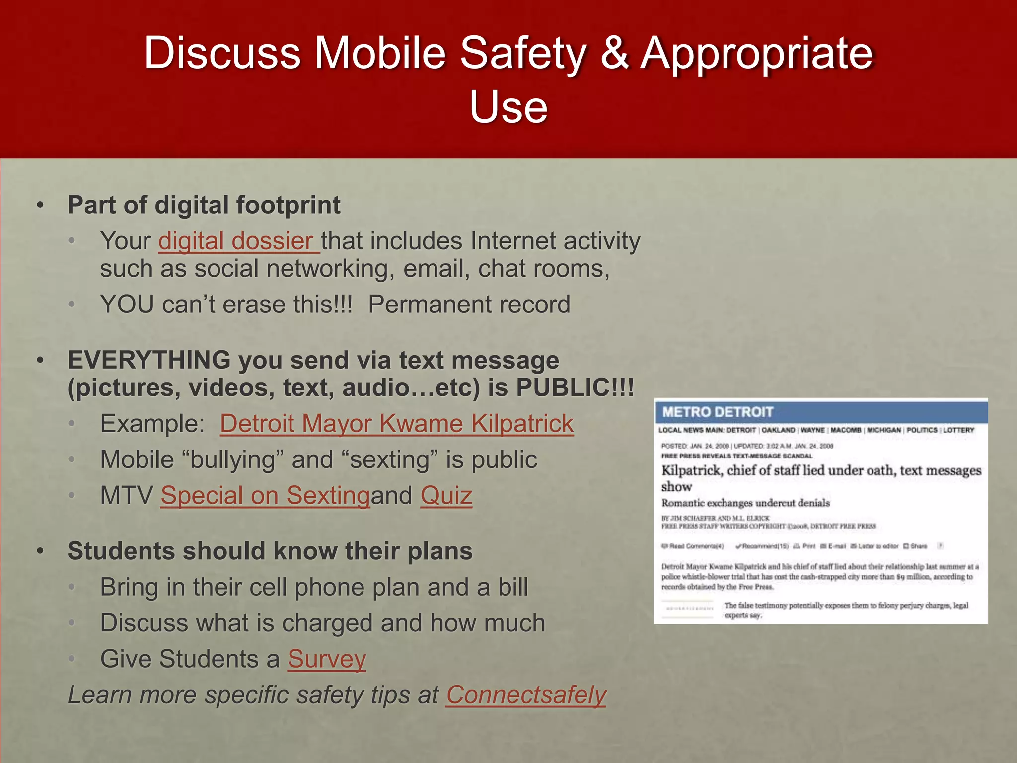 Questions…Do ALL students need their own phone?NO!  Groups, Web Options, LandlinesWhat if my school does not allow cell phones on campus?Activities work very well off-campus for homeworkCan I use a BASIC phone?YES!  Phone call, text message, take a picture…Does it costs money?The resources are FREE, students should know their plansStudents with disabilities?Speech to Text & Text to Speech Options 