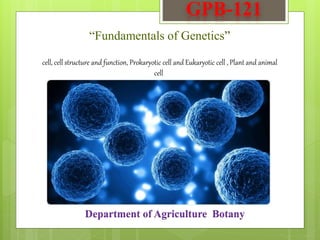 GPB-121
“Fundamentals of Genetics”
Department of Agriculture Botany
cell, cell structure and function, Prokaryotic cell and Eukaryotic cell , Plant and animal
cell
 