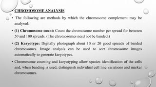 • CHROMOSOME ANALYSIS
• The following are methods by which the chromosome complement may be
analysed:
• (1) Chromosome count: Count the chromosome number per spread for between
50 and 100 spreads. (The chromosomes need not be banded.)
• (2) Karyotype: Digitally photograph about 10 or 20 good spreads of banded
chromosomes. Image analysis can be used to sort chromosome images
automatically to generate karyotypes.
• Chromosome counting and karyotyping allow species identification of the cells
and, when banding is used, distinguish individual cell line variations and marker
chromosomes.
 