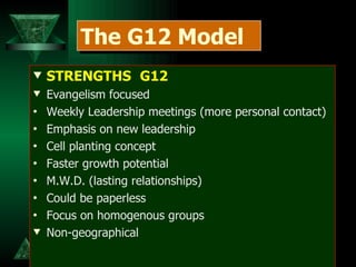 STRENGTHS G12 Evangelism focused Weekly Leadership meetings (more personal contact) Emphasis on new leadership Cell planting concept Faster growth potential M.W.D. (lasting relationships) Could be paperless Focus on homogenous groups Non-geographical The G12 Model 