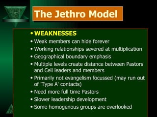 WEAKNESSES Weak members can hide forever Working relationships severed at multiplication Geographical boundary emphasis Multiple levels create distance between Pastors and Cell leaders and members Primarily not evangelism focussed (may run out of 'Type A' contacts) Need more full time Pastors Slower leadership development Some homogenous groups are overlooked The Jethro Model 