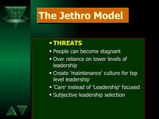 THREATS People can become stagnant Over reliance on lower levels of leadership Create 'maintenance' culture for top level leadership 'Care' instead of 'Leadership' focused Subjective leadership selection The Jethro Model 