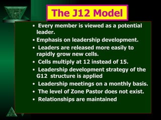 Every member is viewed as a potential leader.  Emphasis on leadership development. Leaders are released more easily to rapidly grow new cells. Cells multiply at 12 instead of 15.  Leadership development strategy of the G12  structure is applied Leadership meetings on a monthly basis.  The level of Zone Pastor does not exist. Relationships are maintained   The J12 Model 