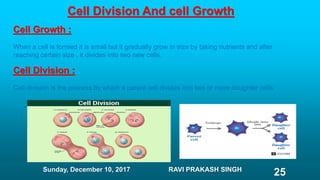 Cell Division And cell Growth
Cell Growth :
When a cell is formed it is small but it gradually grow in size by taking nutrients and after
reaching certain size , it divides into two new cells.
Cell Division :
Cell division is the process by which a parent cell divides into two or more daughter cells
Sunday, December 10, 2017 RAVI PRAKASH SINGH
25
 