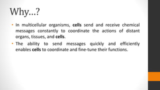 Why…?
• In multicellular organisms, cells send and receive chemical
messages constantly to coordinate the actions of distant
organs, tissues, and cells.
• The ability to send messages quickly and efficiently
enables cells to coordinate and fine-tune their functions.
 