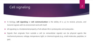 Cell signaling
 In biology, cell signaling or cell communication is the ability of a cell to receive, process, and
transm...