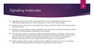 Signaling molecules
 Signaling molecules can be synthesized from various biosynthetic pathways and
released through passi...