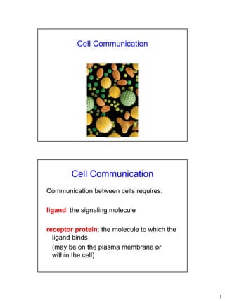 1
Cell Communication
Cell Communication
Communication between cells requires:
ligand: the signaling molecule
receptor protein: the molecule to which the
ligand binds
(may be on the plasma membrane or
within the cell)
 