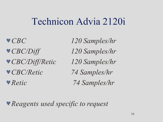 Technicon Advia 2120i
34
CBC
CBC/Diff
CBC/Diff/Retic
CBC/Retic
Retic
120 Samples/hr
120 Samples/hr
120 Samples/hr
74 Samples/hr
74 Samples/hr
Reagents used specific to request
 