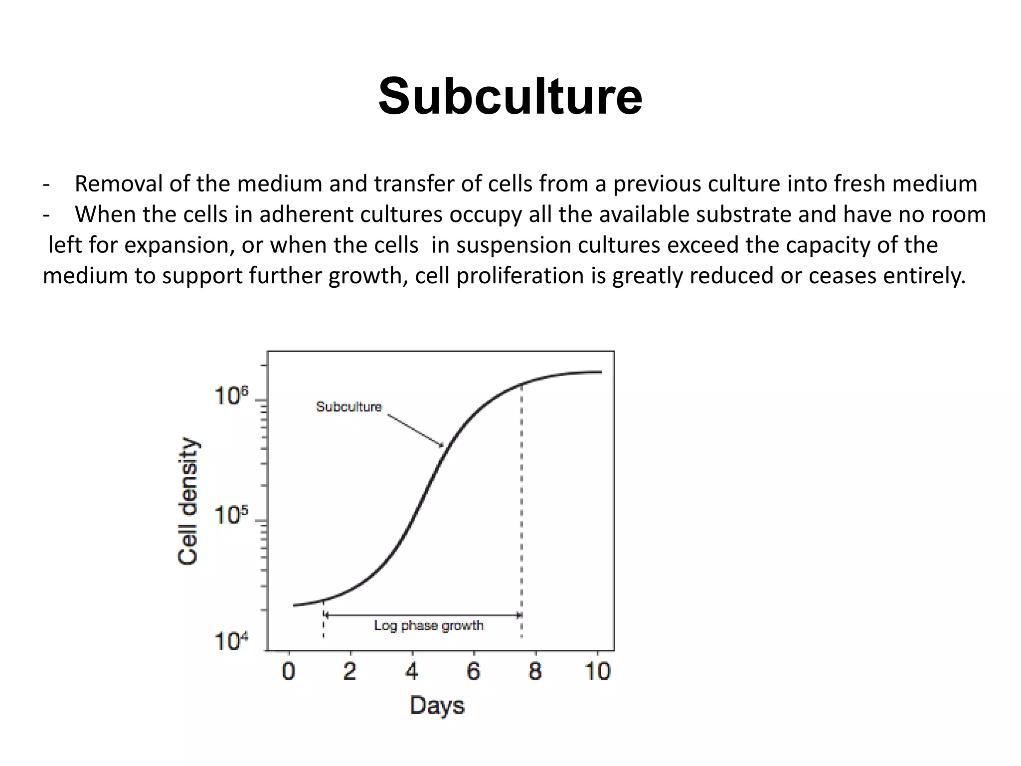 Subculture
- Removal of the medium and transfer of cells from a previous culture into fresh medium
- When the cells in adherent cultures occupy all the available substrate and have no room
left for expansion, or when the cells in suspension cultures exceed the capacity of the
medium to support further growth, cell proliferation is greatly reduced or ceases entirely.
 