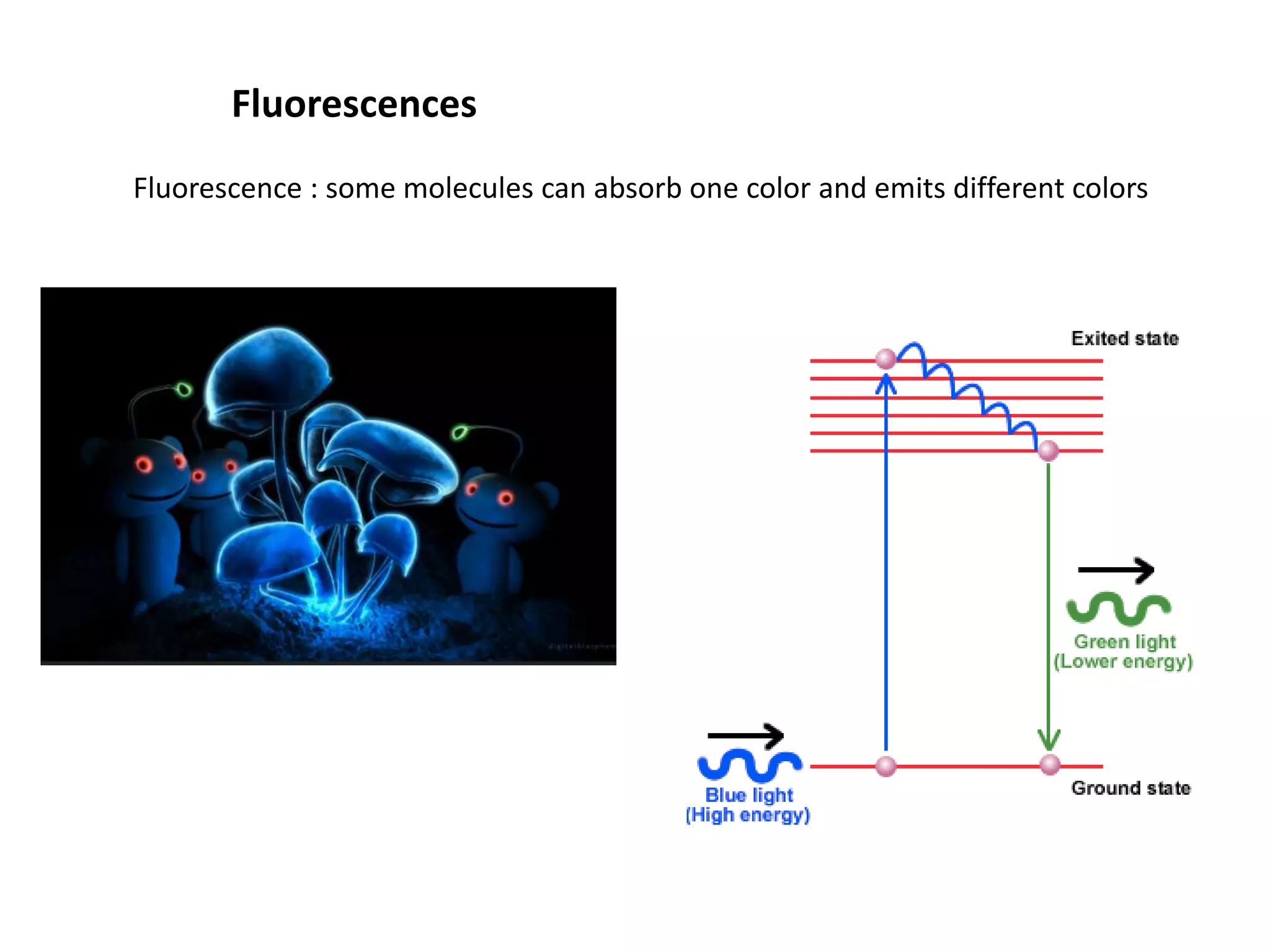 Fluorescences
Fluorescence : some molecules can absorb one color and emits different colors
 