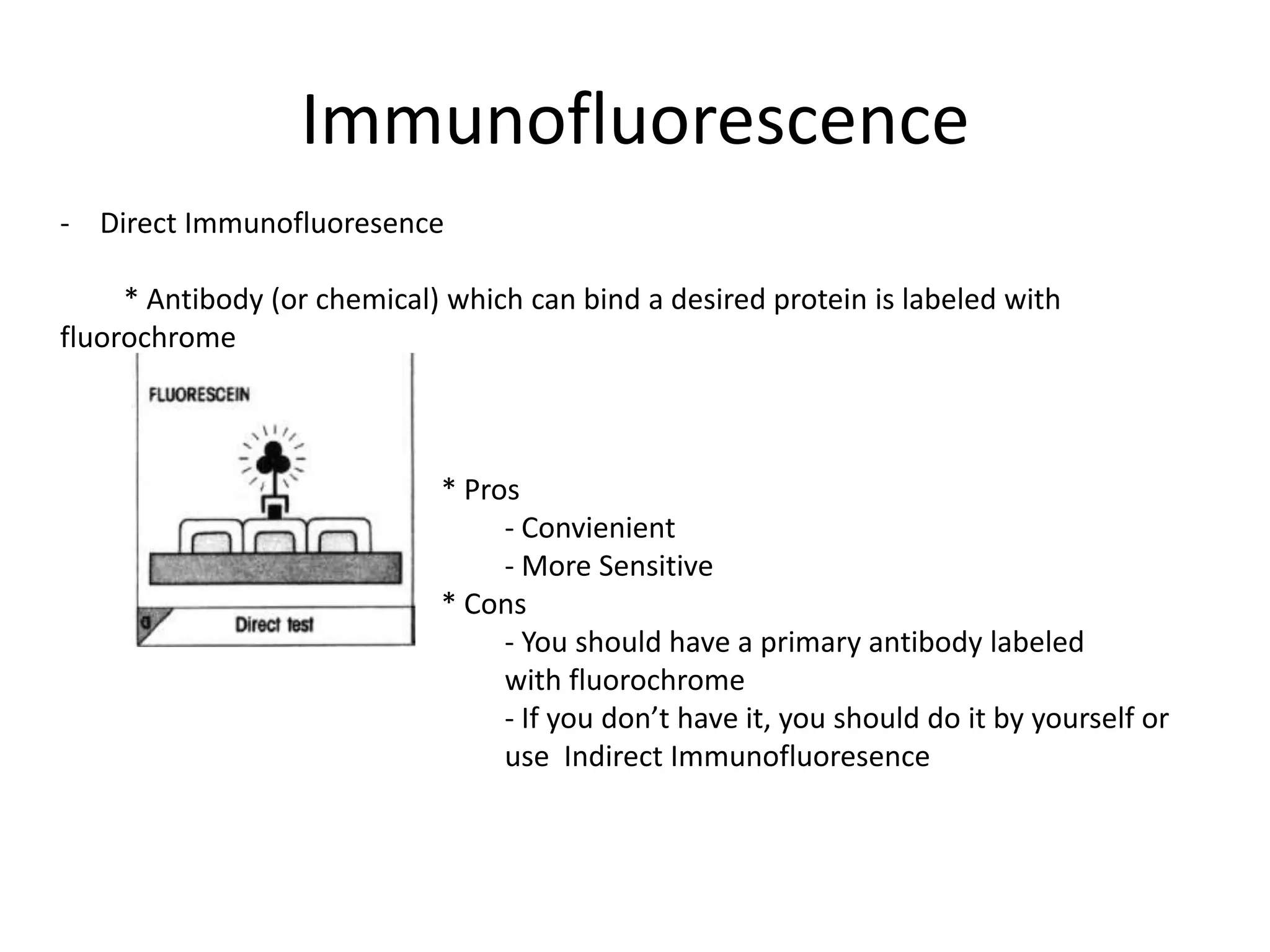 Immunofluorescence
- Direct Immunofluoresence
* Antibody (or chemical) which can bind a desired protein is labeled with
fluorochrome
* Pros
- Convienient
- More Sensitive
* Cons
- You should have a primary antibody labeled
with fluorochrome
- If you don’t have it, you should do it by yourself or
use Indirect Immunofluoresence
 