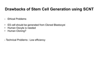 Drawbacks of Stem Cell Generation using SCNT
- Ethical Problems
• ES cell should be generated from Cloned Blastocyst
• Human Oocyte is needed
• Human Cloning?

- Technical Problems : Low efficiency

 