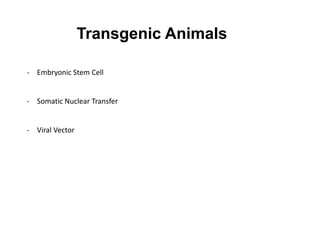 Transgenic Animals
- Embryonic Stem Cell

- Somatic Nuclear Transfer

- Viral Vector

 