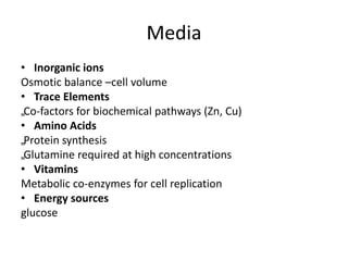 Media
• Inorganic ions
Osmotic balance –cell volume
• Trace Elements
„Co-factors for biochemical pathways (Zn, Cu)
• Amino Acids
„Protein synthesis
„Glutamine required at high concentrations
• Vitamins
Metabolic co-enzymes for cell replication
• Energy sources
glucose
 