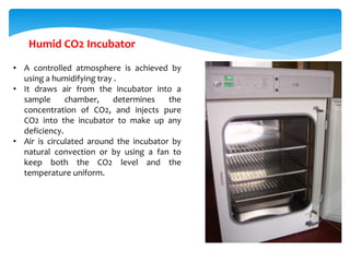 Humid CO2 Incubator
• A controlled atmosphere is achieved by
using a humidifying tray .
• It draws air from the incubator into a
sample chamber, determines the
concentration of CO2, and injects pure
CO2 into the incubator to make up any
deficiency.
• Air is circulated around the incubator by
natural convection or by using a fan to
keep both the CO2 level and the
temperature uniform.
 