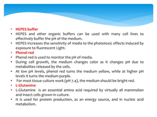 • HEPES buffer
• HEPES and other organic buffers can be used with many cell lines to
effectively buffer the pH of the medium.
• HEPES increases the sensitivity of media to the phototoxic effects induced by
exposure to fluorescent Light.
• Phenol red
• Phenol red is used to monitor the pH of media.
• During cell growth, the medium changes color as it changes pH due to
metabolites released by the cells.
• At low pH levels, phenol red turns the medium yellow, while at higher pH
levels it turns the medium purple.
• For most tissue culture work (pH 7.4), the medium should be bright red.
• L-Glutamine
• L-Glutamine is an essential amino acid required by virtually all mammalian
and insect cells grown in culture.
• It is used for protein production, as an energy source, and in nucleic acid
metabolism.
 
