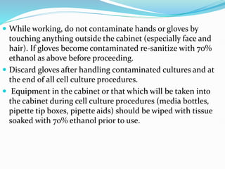  While working, do not contaminate hands or gloves by
touching anything outside the cabinet (especially face and
hair). If gloves become contaminated re-sanitize with 70%
ethanol as above before proceeding.
 Discard gloves after handling contaminated cultures and at
the end of all cell culture procedures.
 Equipment in the cabinet or that which will be taken into
the cabinet during cell culture procedures (media bottles,
pipette tip boxes, pipette aids) should be wiped with tissue
soaked with 70% ethanol prior to use.
 