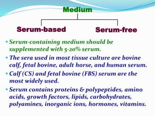 Serum-based
Medium
Serum-free
 Serum-containing medium should be
supplemented with 5-20% serum.
 The sera used in most tissue culture are bovine
calf, fetal bovine, adult horse, and human serum.
 Calf (CS) and fetal bovine (FBS) serum are the
most widely used.
 Serum contains proteins & polypeptides, amino
acids, growth factors, lipids, carbohydrates,
polyamines, inorganic ions, hormones, vitamins.
 