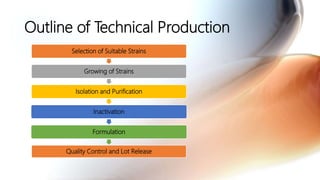 Outline of Technical Production
Selection of Suitable Strains
Growing of Strains
Isolation and Purification
Inactivation
Formulation
Quality Control and Lot Release
 
