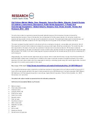 Cell Culture Market (Media, Sera, Reagents, Serum-Free Media, Albumin, Growth Factors
& Cytokines, Instruments, Bioreactors, Roller Bottle Equipment, T-Flasks And
Cryostorage Equipment) - Global Industry Analysis, Size, Share, Growth, Trends And
Forecast, 2012 - 2018
The cell culture market is experiencing impressive growth globally because of the tremendous increase in demand for
biopharmaceutical products. Since its introduction as an integral part of the life science industry, the cell culture market has
experienced huge growth in terms of scope as well as adoption by end users. The rapid double-digit growth in biotechnology and
biopharmaceutical industries is slated to be the major driving force for the growth of the cell culture market in the future.
This report analyses the global market for cell culture by the two main types of products- consumables and instruments. Each of
these segments has been further divided and analyzed by various product types offered by manufacturers. The market has also
been segmented on the basis of end users into academics & research and commercial producers. All the above mentioned
segments are analyzed on the basis of market size in terms of USD million and their forecasts for the period 2012 to 2018 have also
been provided. The CAGR (%) for each market segment has been estimated for the forecast period 2012 to 2018, considering 2011
as the base year.
Geographically, this market has been segmented into four regions which include North America, Europe, Asia-Pacific and Rest of
the World (RoW). Market sizes, forecasts and % CAGR for each region have been provided. A qualitative analysis of the market
dynamics of the cell culture market, which are responsible for driving or restraining growth along with market opportunities, has been
described in the market overview section of this report.
Buy a copy of this report: http://www.researchmoz.us/sample/checkout.php?rep_id=138719&type=S
The competitive landscape section includes the market share analysis of major players in the cell culture market for the year 2011.
Some of the major players profiled in this report include companies such as BD Biosciences, Corning Incorporated, EMD Millipore,
GE Healthcare, Life Technologies Corporation, Lonza Group, Sigma-Aldrich Corporation, Thermo Fisher Scientific, Inc., VWR
International, LLC and others.
The global cell culture market is segmented into the following categories:
Cell Culture Consumables Market, by Products
Media, by types
Chemically defined media
Classical media
Lysogeny Broth (LB)
Protein-free media
Serum-free media
Specialty media
Sera, by types
Fetal Bovine Serum
Other animal sera
Reagents, by types
Albumin
Amino acids
Attachment factors
Growth factors & Cytokines
 