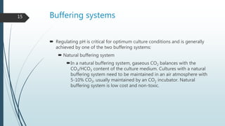Buffering systems
 Regulating pH is critical for optimum culture conditions and is generally
achieved by one of the two buffering systems:
 Natural buffering system
In a natural buffering system, gaseous CO2 balances with the
CO3/HCO3 content of the culture medium. Cultures with a natural
buffering system need to be maintained in an air atmosphere with
5-10% CO2, usually maintained by an CO2 incubator. Natural
buffering system is low cost and non-toxic.
15
 