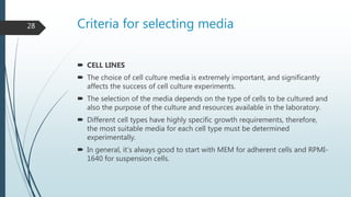 Criteria for selecting media
 CELL LINES
 The choice of cell culture media is extremely important, and significantly
affects the success of cell culture experiments.
 The selection of the media depends on the type of cells to be cultured and
also the purpose of the culture and resources available in the laboratory.
 Different cell types have highly specific growth requirements, therefore,
the most suitable media for each cell type must be determined
experimentally.
 In general, it’s always good to start with MEM for adherent cells and RPMI-
1640 for suspension cells.
28
 