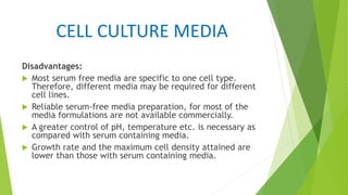 CELL CULTURE MEDIA
Disadvantages:
 Most serum free media are specific to one cell type.
Therefore, different media may be required for different
cell lines.
 Reliable serum-free media preparation, for most of the
media formulations are not available commercially.
 A greater control of pH, temperature etc. is necessary as
compared with serum containing media.
 Growth rate and the maximum cell density attained are
lower than those with serum containing media.
 