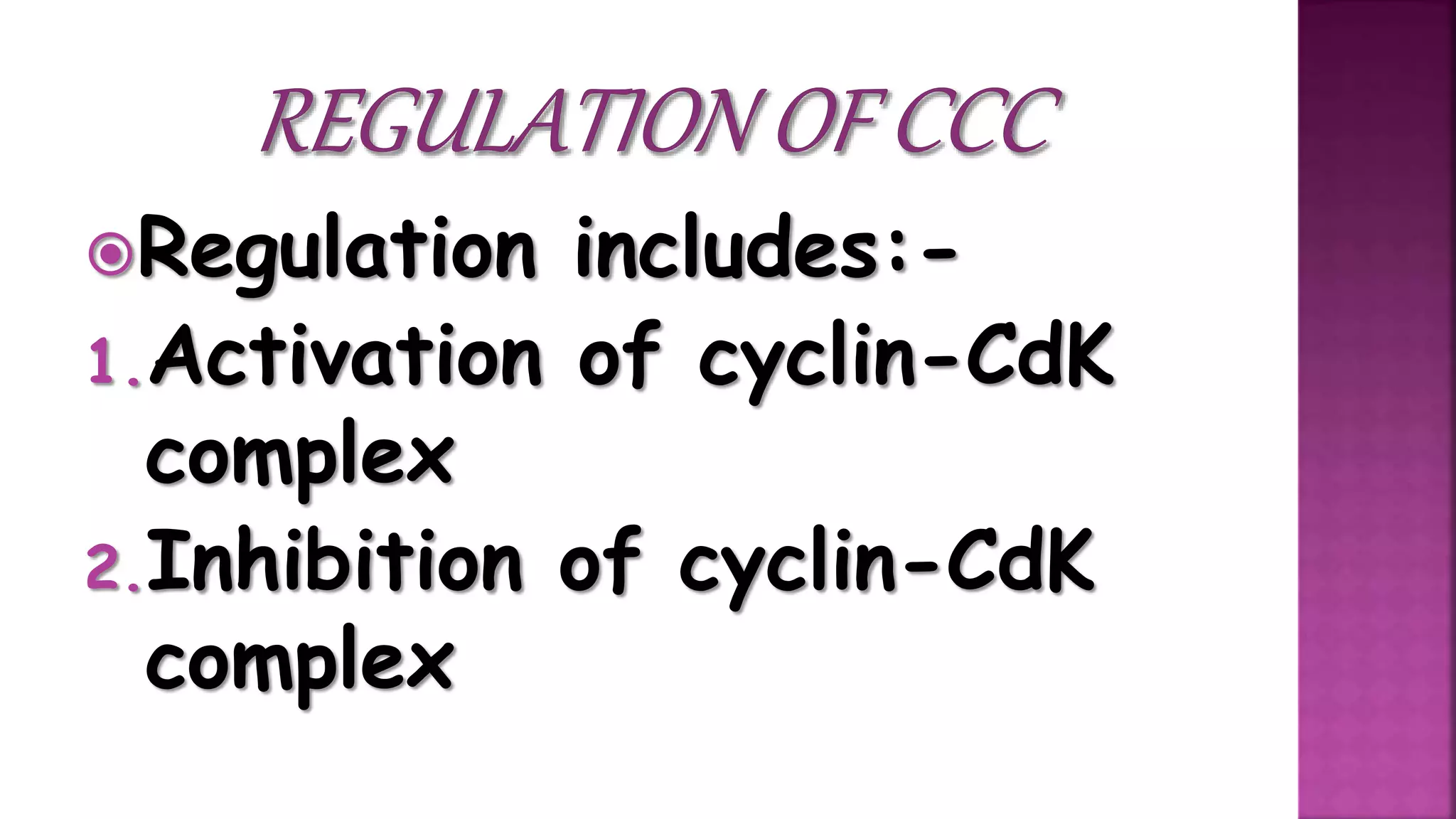 Regulation includes:-
1.Activation of cyclin-CdK
complex
2.Inhibition of cyclin-CdK
complex
 