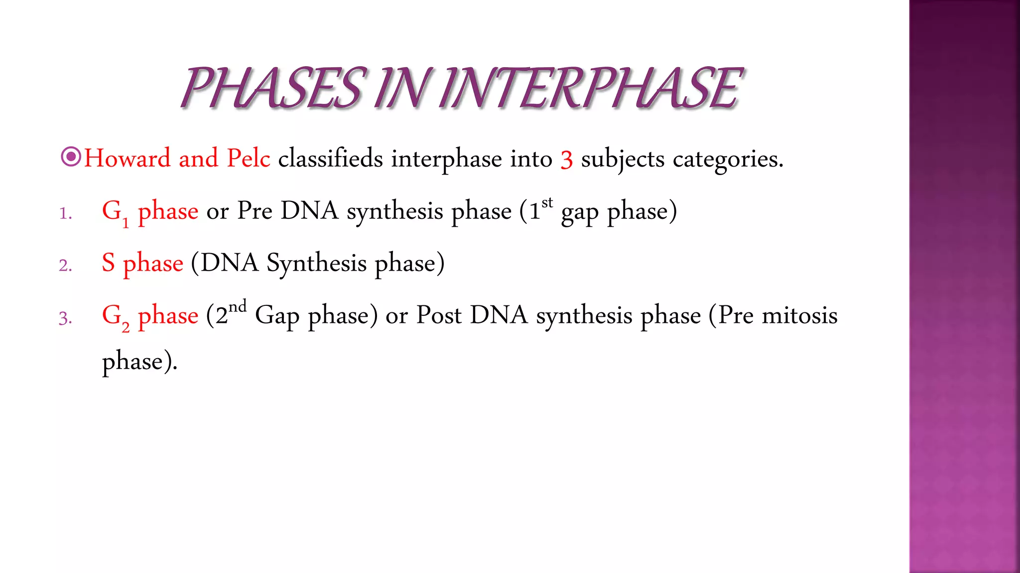 Howard and Pelc classifieds interphase into 3 subjects categories.
1. G1 phase or Pre DNA synthesis phase (1st gap phase)
2. S phase (DNA Synthesis phase)
3. G2 phase (2nd Gap phase) or Post DNA synthesis phase (Pre mitosis
phase).
 