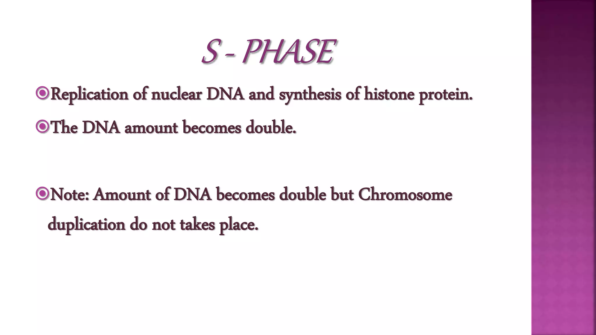 Replication of nuclear DNA and synthesis of histone protein.
The DNA amount becomes double.
Note: Amount of DNA becomes double but Chromosome
duplication do not takes place.
 