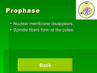 Prophase Nuclear membrane disappears. Spindle fibers form at the poles. Back 