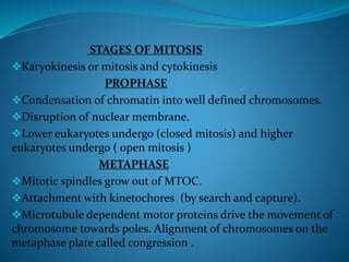 STAGES OF MITOSIS
Karyokinesis or mitosis and cytokinesis
PROPHASE
Condensation of chromatin into well defined chromosomes.
Disruption of nuclear membrane.
Lower eukaryotes undergo (closed mitosis) and higher
eukaryotes undergo ( open mitosis )
METAPHASE
Mitotic spindles grow out of MTOC.
Attachment with kinetochores (by search and capture).
Microtubule dependent motor proteins drive the movement of
chromosome towards poles. Alignment of chromosomes on the
metaphase plate called congression .
 