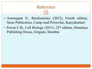 Reference
 Arumugam N., Biochemistry (2012), Fourth edition,
Saras Publication, Camp road Periavilai, Kanyakumari
 Powar C.B., Cell Biology (2011), 23th edition, Himalaya
Publishing House, Girgaon, Mumbai
23
 