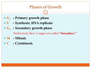 Phases of Growth
 G1 - Primary growth phase
 S - Synthesis; DNA replicate
 G2 - Secondary growth phase
*collectively these 3 stages are called “Interphase”
 M - Mitosis
 C - Cytokinesis
5
 
