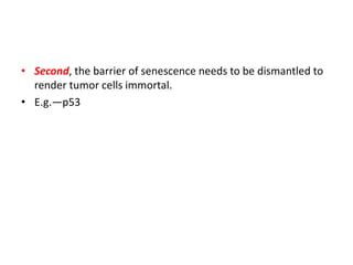 • Second, the barrier of senescence needs to be dismantled to
render tumor cells immortal.
• E.g.—p53
 