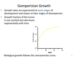 53
Gompertzian Growth
• Growth rates are exponential at early stages of
development and slower at later stages of development.
• Growth fraction of the tumor
is not constant but decreases
exponentially with time
- Biological growth follows this characteristic curve.
 