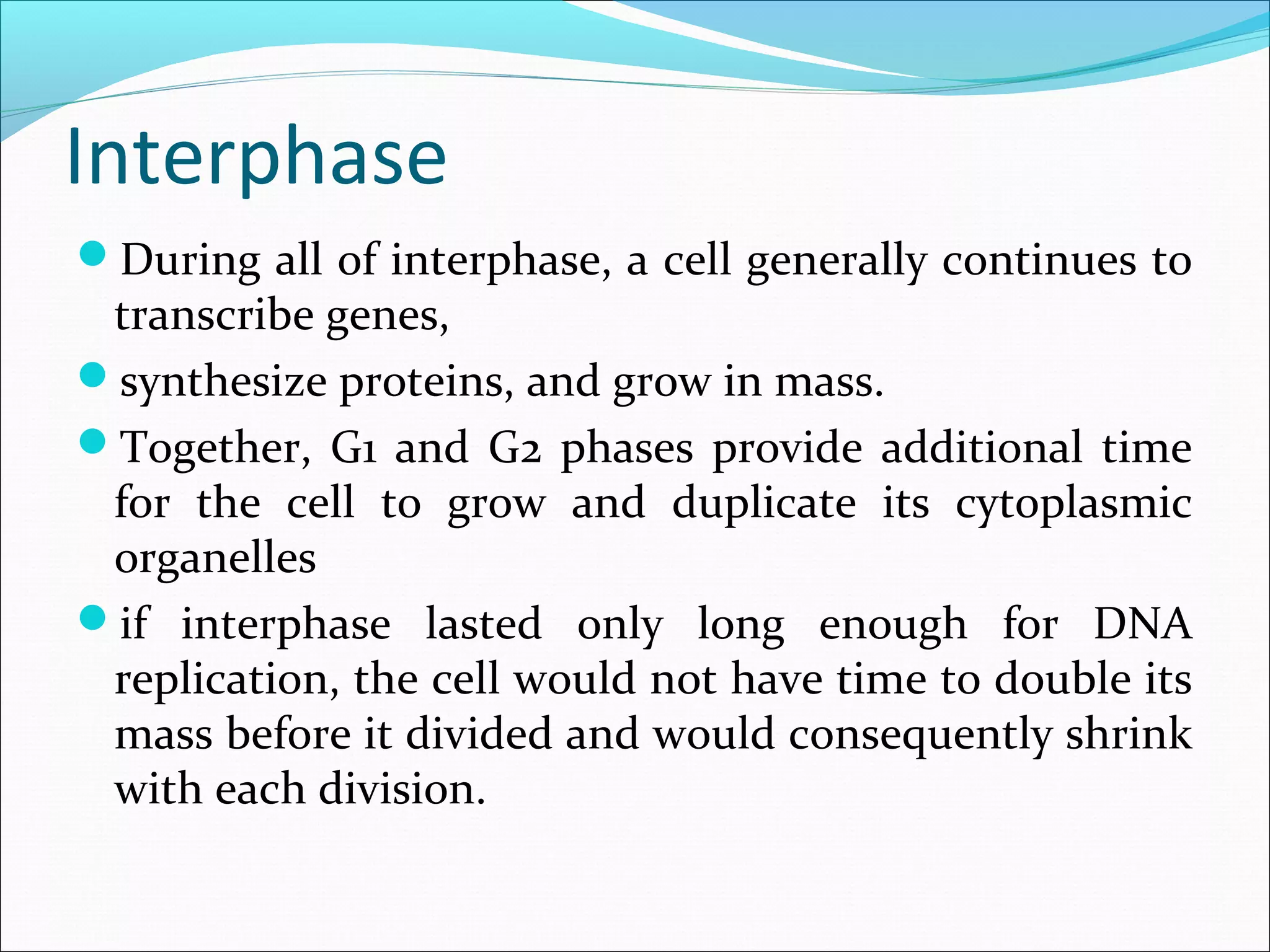 Interphase
During all of interphase, a cell generally continues to
transcribe genes,
synthesize proteins, and grow in mass.
Together, G1 and G2 phases provide additional time
for the cell to grow and duplicate its cytoplasmic
organelles
if interphase lasted only long enough for DNA
replication, the cell would not have time to double its
mass before it divided and would consequently shrink
with each division.
 