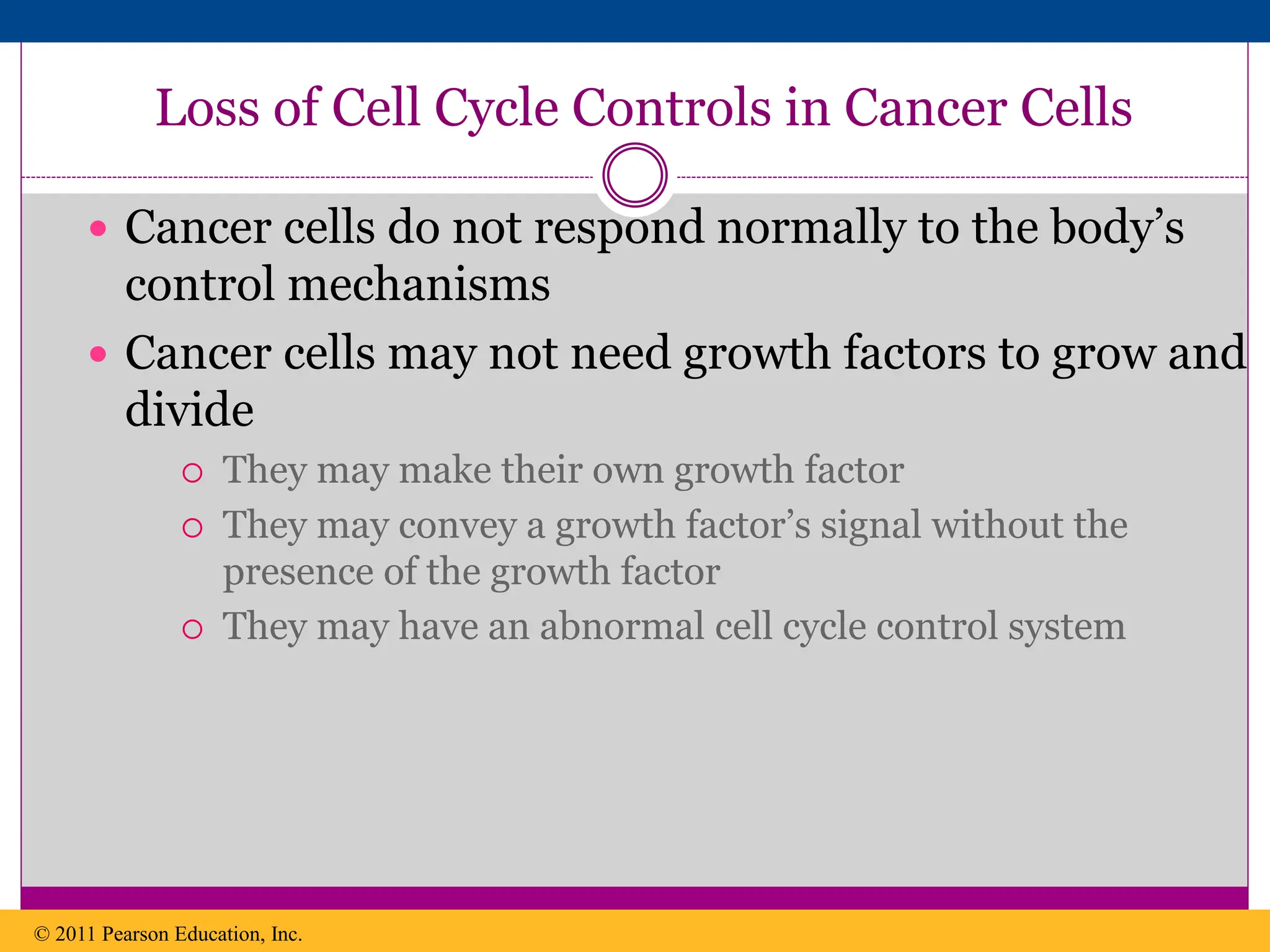 Loss of Cell Cycle Controls in Cancer Cells
 Cancer cells do not respond normally to the body’s
control mechanisms
 Cancer cells may not need growth factors to grow and
divide
 They may make their own growth factor
 They may convey a growth factor’s signal without the
presence of the growth factor
 They may have an abnormal cell cycle control system
© 2011 Pearson Education, Inc.
 