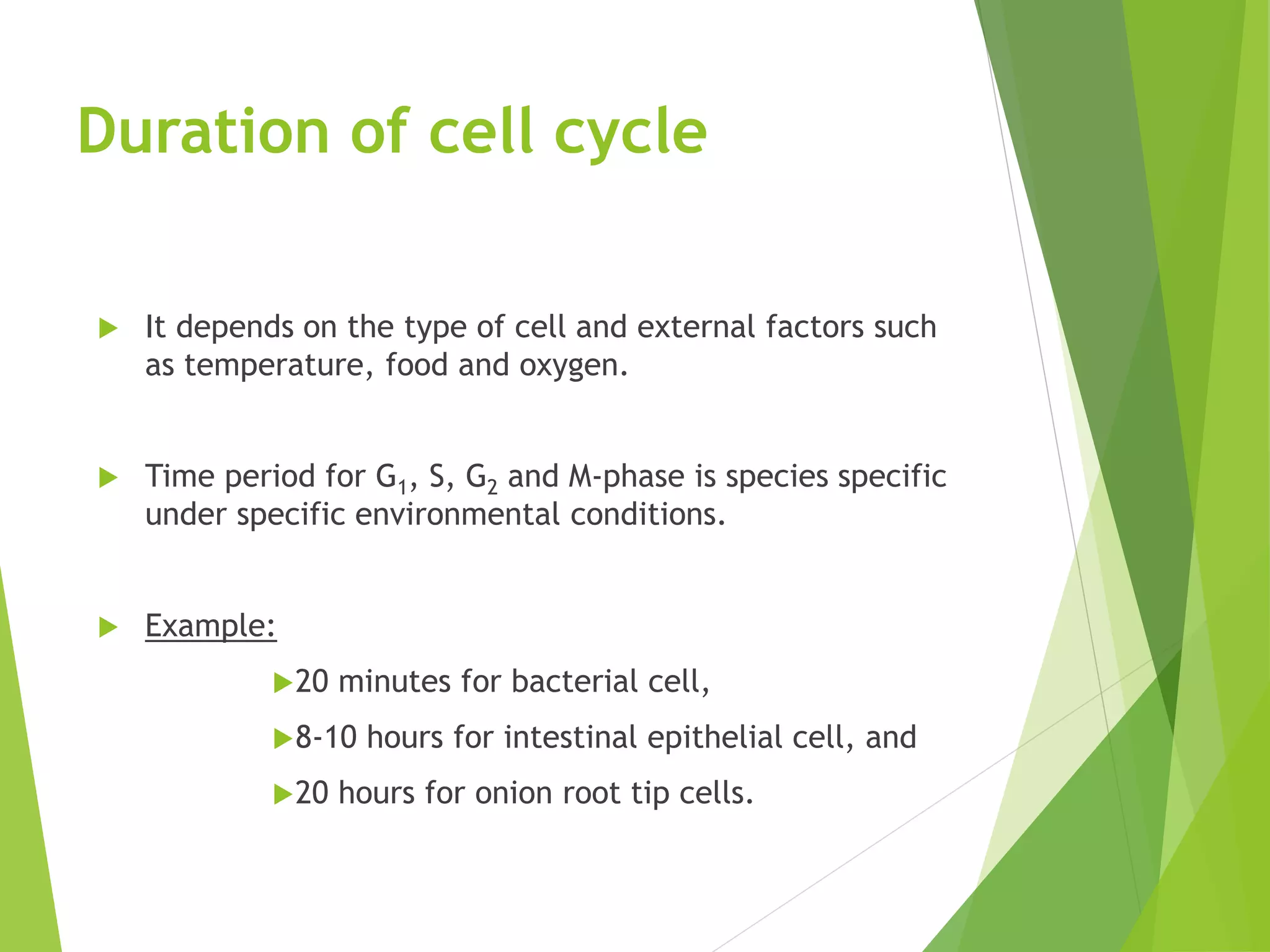 Duration of cell cycle
 It depends on the type of cell and external factors such
as temperature, food and oxygen.
 Time period for G1, S, G2 and M-phase is species specific
under specific environmental conditions.
 Example:
20 minutes for bacterial cell,
8-10 hours for intestinal epithelial cell, and
20 hours for onion root tip cells.
 