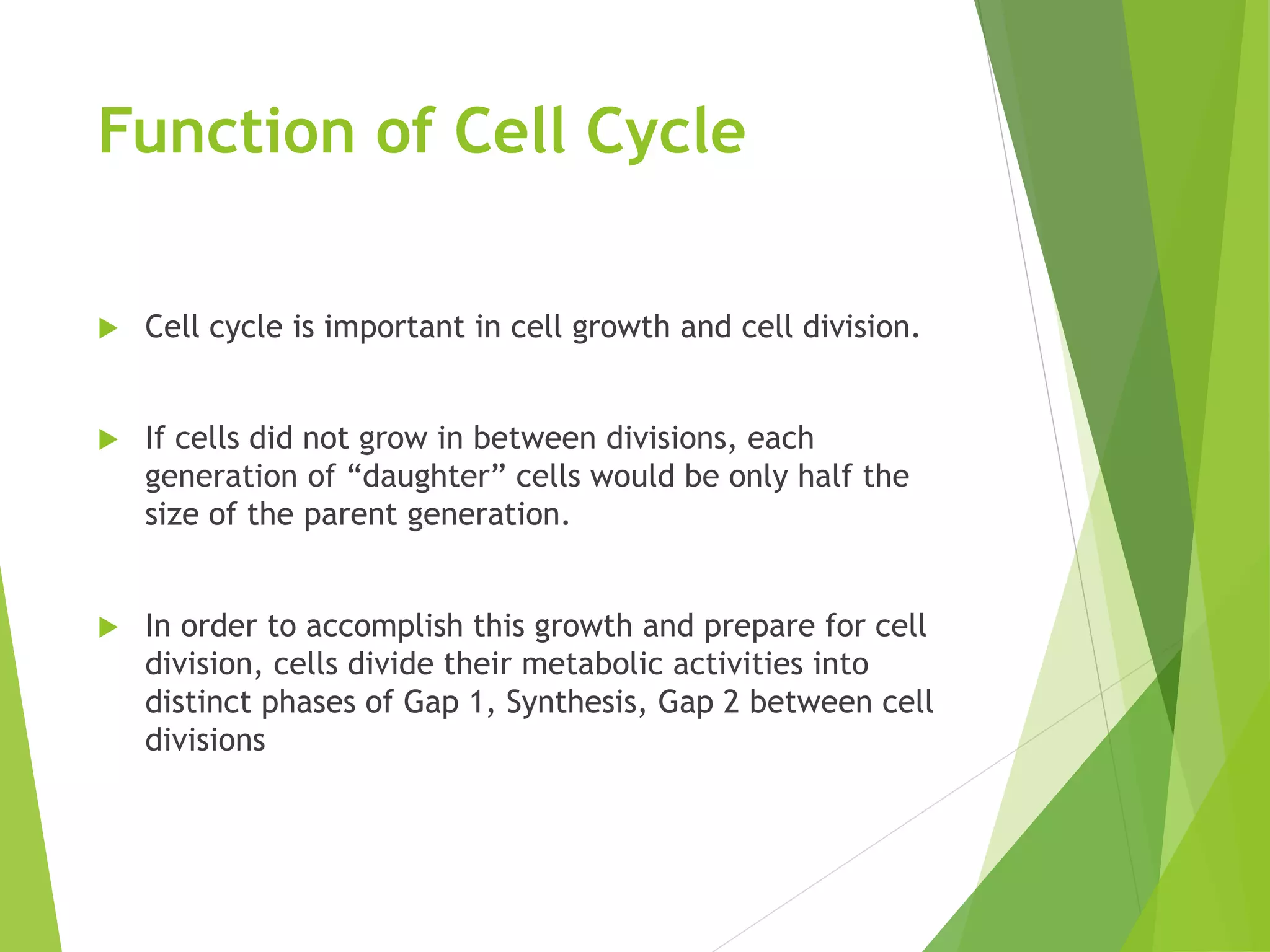 Function of Cell Cycle
 Cell cycle is important in cell growth and cell division.
 If cells did not grow in between divisions, each
generation of “daughter” cells would be only half the
size of the parent generation.
 In order to accomplish this growth and prepare for cell
division, cells divide their metabolic activities into
distinct phases of Gap 1, Synthesis, Gap 2 between cell
divisions
 