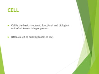 CELL
 Cell is the basic structural, functional and biological
unit of all known living organisms
 Often called as building blocks of life.
 