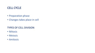 CELL CYCLE
• Preparation phase
• Changes takes place in cell
TYPES OF CELL DIVISION
• Mitosis
• Meiosis
• Amitosis
 