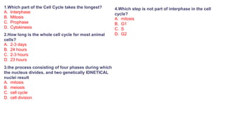 1.Which part of the Cell Cycle takes the longest?
A. Interphase
B. Mitosis
C. Prophase
D. Cytokinesis
2.How long is the whole cell cycle for most animal
cells?
A. 2-3 days
B. 24 hours
C. 2-3 hours
D. 23 hours
3.the process consisting of four phases during which
the nucleus divides, and two genetically IDNETICAL
nuclei result
A. mitosis
B. meiosis
C. cell cycle
D. cell division
4.Which step is not part of interphase in the cell
cycle?
A. mitosis
B. G1
C. S
D. G2
 