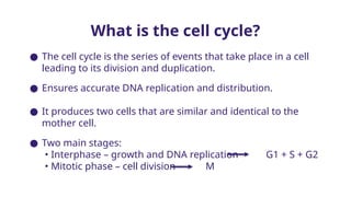 What is the cell cycle?
● The cell cycle is the series of events that take place in a cell
leading to its division and duplication.
● Ensures accurate DNA replication and distribution.
● It produces two cells that are similar and identical to the
mother cell.
● Two main stages:
• Interphase – growth and DNA replication G1 + S + G2
• Mitotic phase – cell division M
 