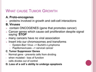 WHAT CAUSE TUMOR GROWTH
A. Proto-oncogenes
 proteins involved in growth and cell-cell interactions
B. Viruses
 contain ONCOGENES (gene that promotes cancer)
 Cancer genes which cause cell proliferation despite signal
saying ‘STOP’
 many cancers have no viral association
 Insert into our chromosomes and transforms
• Epstein-Barr Virus --> Burkitt’s Lymphoma
• Papillomaviruses --> cervical cancer
C. Tumor Suppressor Genes
• Normal gene - prevents cells from dividing
• when mutated - loss of function
• cells divides out of control
D. Loss of a cell´s ability to undergo apoptosis
 